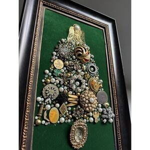 Vintage Costume Jewelry Christmas Tree Framed Picture Green Gold Tone 10.5 x 17"